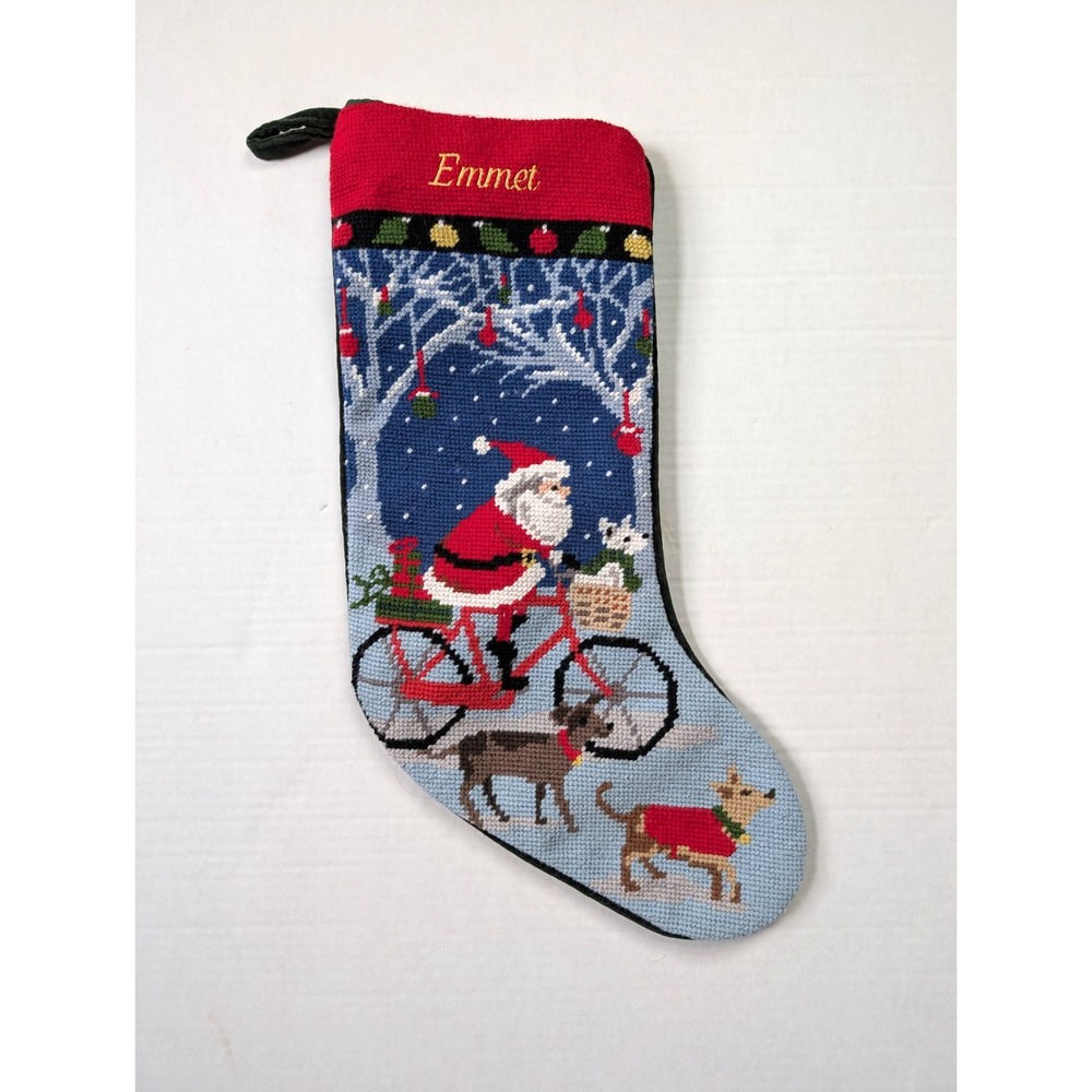 Lands End Home Christmas Stocking‎ Santa Bike Dogs EMMET Monogram Needlepoint